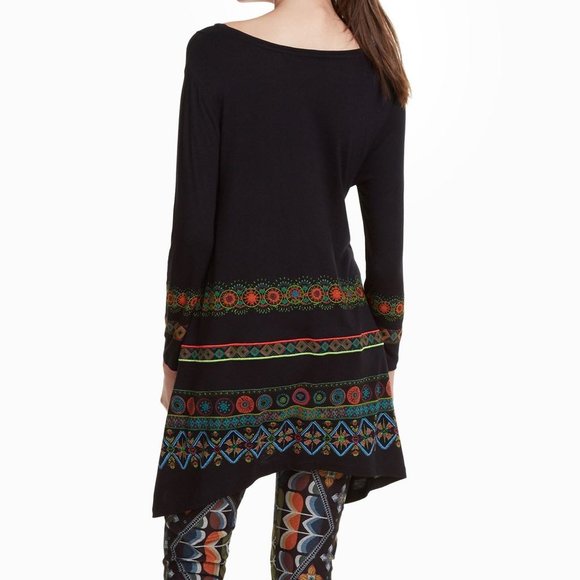 Desigual Aleia T-Shirt Size XS Tunic Top Black Multicolor Boho Ethnic Aztec - Picture 2 of 13